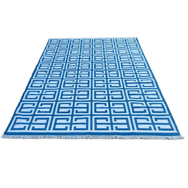 Not Yet Made - Made To Order Handmade Cotton Natural Vegetable Dyed Sky Blue and White Geometric Pattern Rug - 9'x12' For Sale - Image 9 of 11