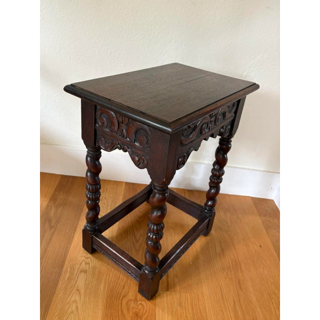 1900s Antique Belgium Oak With Barley Twist Legs and Hand Carved Apron Side Table For Sale In New York - Image 6 of 10