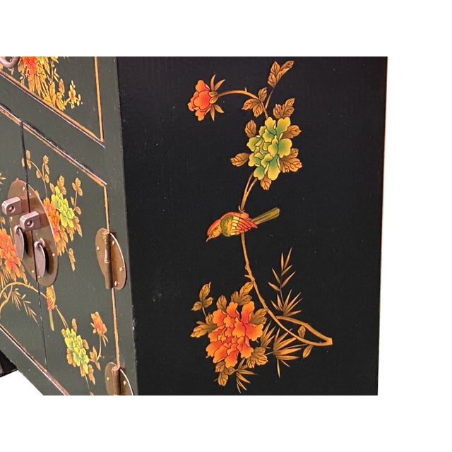 Black Chinese Black Vinyl Moon Face Flower Birds End Table Nightstand For Sale - Image 8 of 10