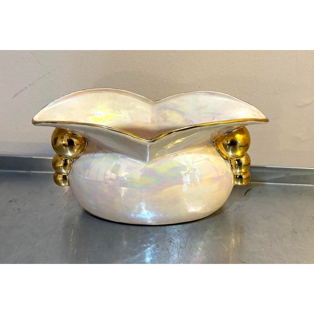 1960s 1950s-60s Iridescent White/Gold Ceramic Planter Signed For Sale - Image 5 of 5