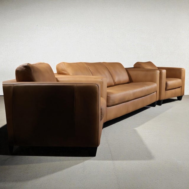 Contemporary Loom Custom Leather Sofa & Armchair Set (3-Piece) – Sculptural Warm Brown Design For Sale - Image 3 of 8