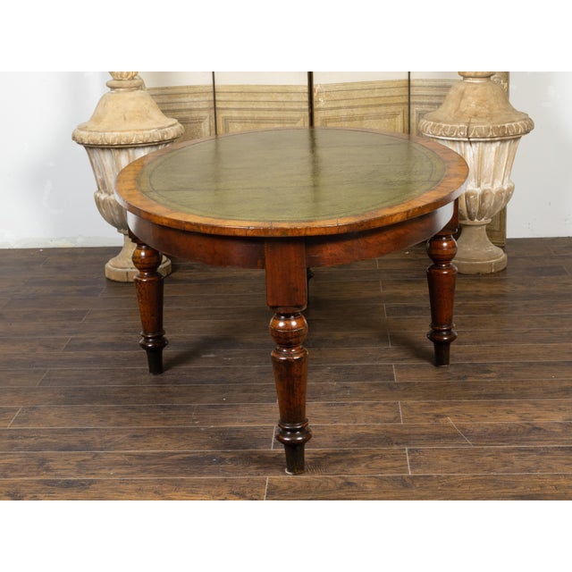 English 19th Century Mahogany Table with Green Leather Oval Top and Turned Legs For Sale - Image 9 of 12