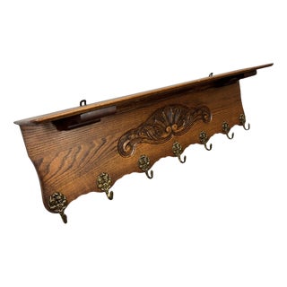 Vintage French Carved Oak 7-Hook Coat Rack For Sale