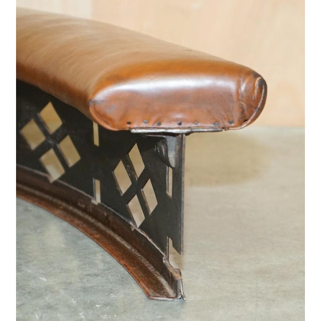 Antique Victorian Demi Lune Brown Leather Club Fender with Pierced Metal, 1880s For Sale - Image 17 of 18