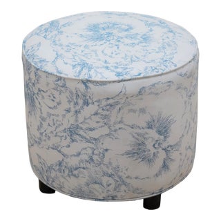 Modern Blue and White Flower English Country Upholstered Ottoman For Sale