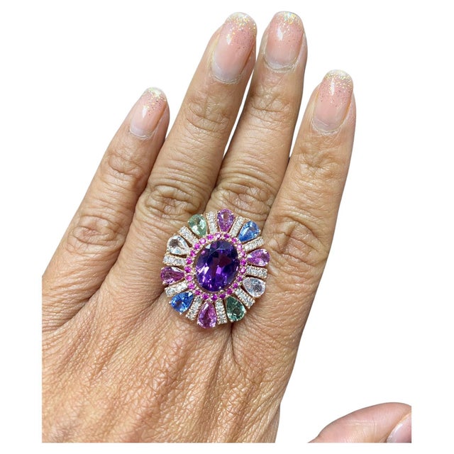 Metal 7.87 Carat Natural Amethyst Sapphire and Diamond Rose Gold Cocktail Ring, Size 7 For Sale - Image 7 of 8