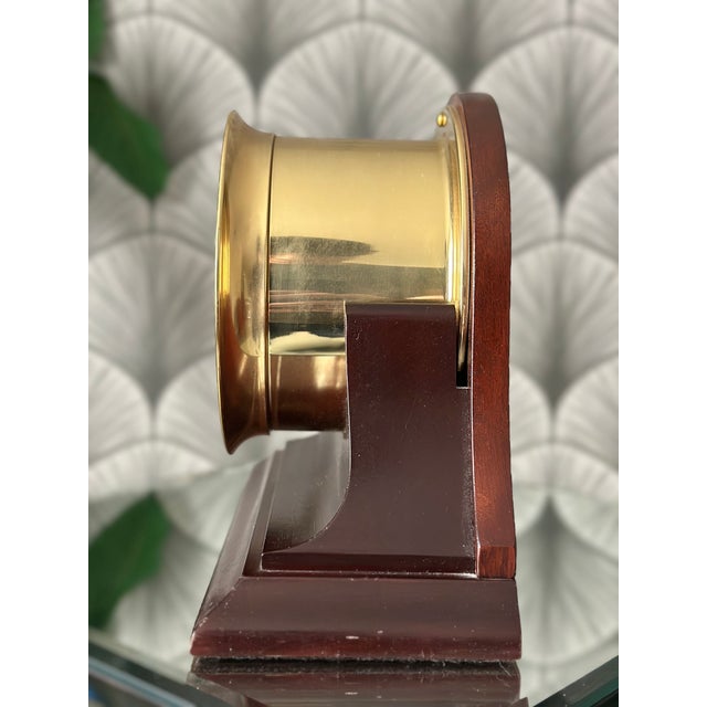 Art Deco 5.5" Brass Chelsea Shipstrike Quartz Mantel/Desk Clock and Traditional Wooden Base For Sale - Image 3 of 11