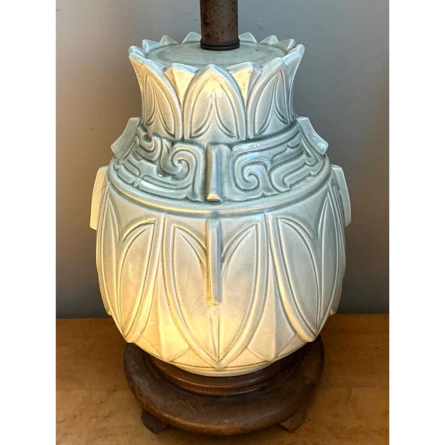 Vintage Glazed Ceramic Table Lamp With Wood Base For Sale - Image 10 of 12