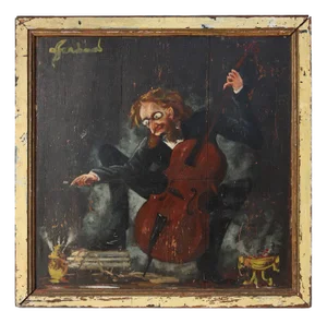S. Gil, Cellist in a Theater in Paris, 20th Century, Painting on Wood, Framed