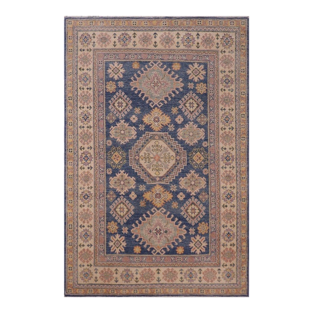Bohemian Kazak Tribal Light Blue/Beige Wool Rug - 4'0''x6'1'' For Sale