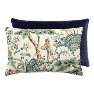 The House of Scalamandré Kelmescott / Aurora Lumbar Pillow, Leaf on Ivory/navy, 22 X 14 For Sale