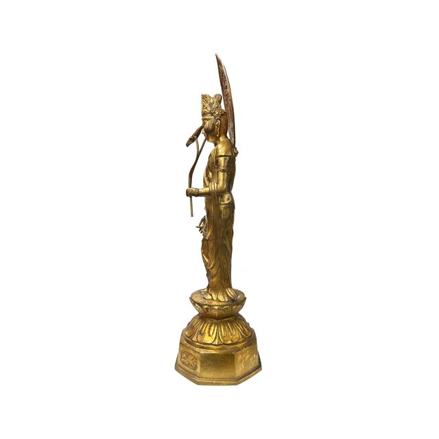 Oriental Metal Bronze Kannon Guan Yin Bodhisattva Holding Lotus Statue For Sale In San Francisco - Image 6 of 14