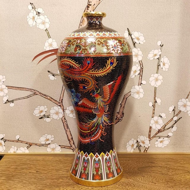 Chinese Vintage Chinese Cloisonné Meiping Vase | Black Ground Phoenix & Peony Motif With Stand For Sale - Image 3 of 9