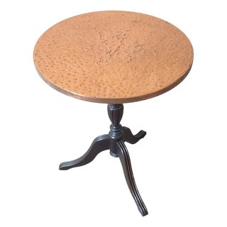 Small Mid-Century Round Carved Mahogany Tripod Coffee Table with Hand-Hammered Copper Top, 1950s For Sale