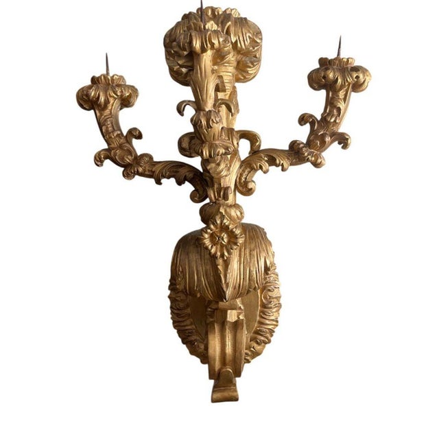 Italian Rare Pair of Early 19th Century Italian Baroque Style Giltwood Wall Candelabras For Sale - Image 3 of 10
