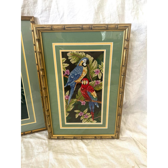 Mid-Century Modern Vintage Pair of Macaw Needlepoint Framed Pictures For Sale - Image 3 of 9