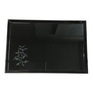 Late 20th Century Asian Black Etched Berry Leaf Lacquer Rectangular Tray With Box and Cloth For Sale