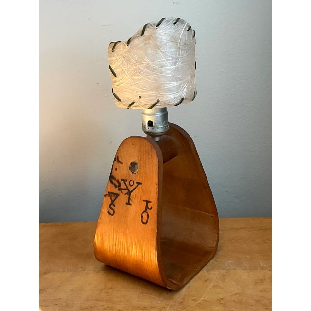 Vintage Mid-Century Modern Wood and Metal Stirrup Table Lamp For Sale - Image 4 of 12