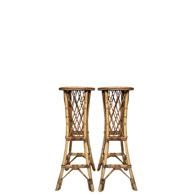 Mid-Century French Rattan and Bamboo Plant Stands, Set of 2 For Sale