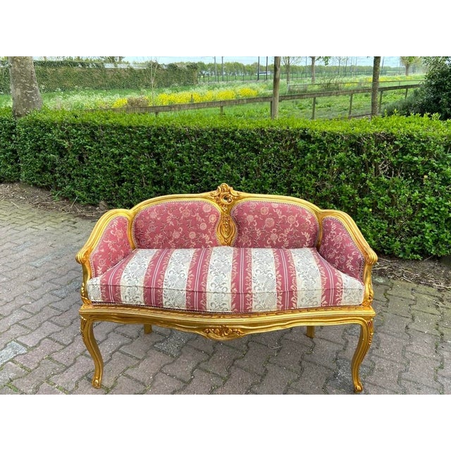 Wood 1970s French Louis XVI Gilt Gold Damask Settee 1 Pc For Sale - Image 7 of 10