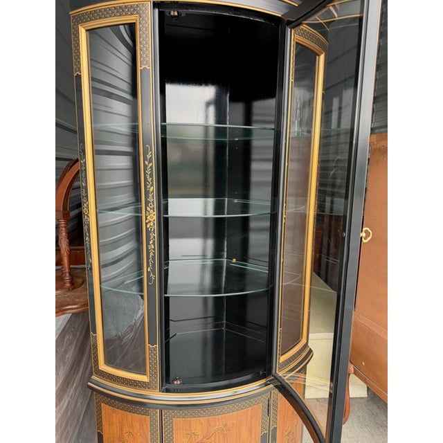 Black 1980s Drexel 'Et Cetera' Chinoiserie Decorated Corner Display Cabinet For Sale - Image 8 of 17