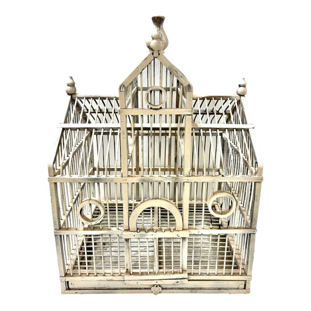 Vintage French-Style Wood & Wire Architectural Birdcage With Chippy White Finish For Sale