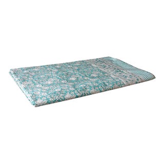 Oleander Aqua Block Print Cotton Coverlet For Sale