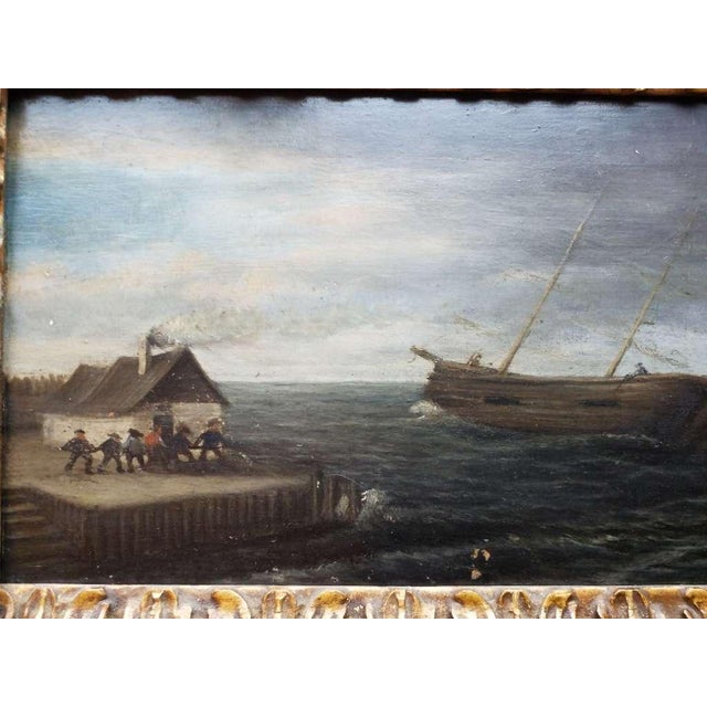Blue Flemish School Coastal Marine Scene – Fishermen Hauling a Boat Ashore, Early 18th Century, Oil on Oak Panel. For Sale - Image 8 of 11