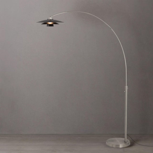 Mid-Century Modern Rancho Mirage Float Arc Lamp - Modern Floor Lamp, Satin Nickel, Fleur Matte Black Shade, Dimmable For Sale - Image 3 of 5