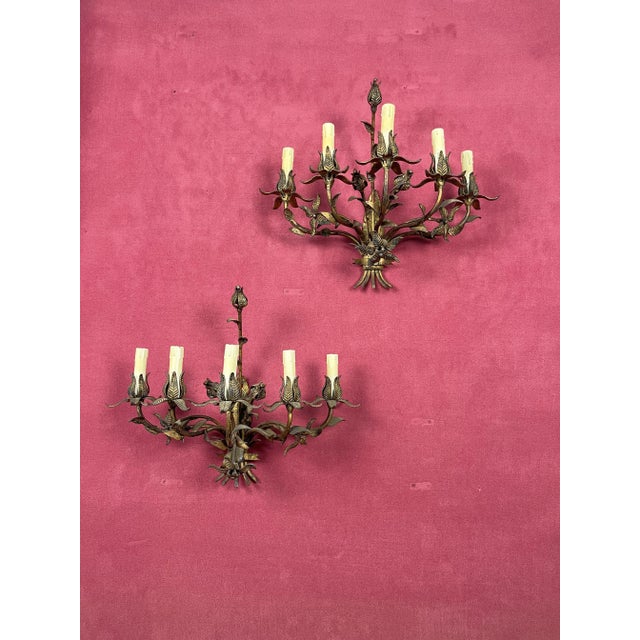 Set of two mid-century French five-light wall lamps, 1950s Recovered from a villa in the French Camargue. Charming and in...