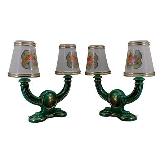 Green & Gold Earthenware Lamps, France, 1940s, Set of 2 For Sale