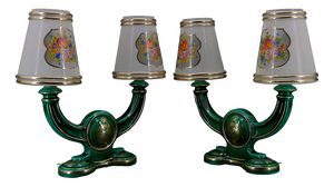 Green & Gold Earthenware Lamps, France, 1940s, Set of 2