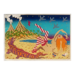 "Blue Lagoon" Whimsical Beach Landscape With Figure, Lizard, Volcanoes & Planes by Phoebe Cole