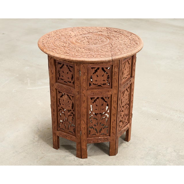 Mid 20th Century Moorish Style Carved Teak Inlaid Round Tabouret Drink Table For Sale - Image 5 of 15