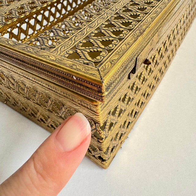 Vintage Brass Tissue Box Holder Pierced Filigree Gold Tone Kleenex Box Cover For Sale - Image 11 of 11