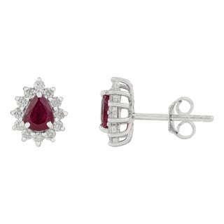 VRJewels 18k Gold Natural Vivid Red Ruby & Diamond Sunburst Stud Earring- A Pair For Sale