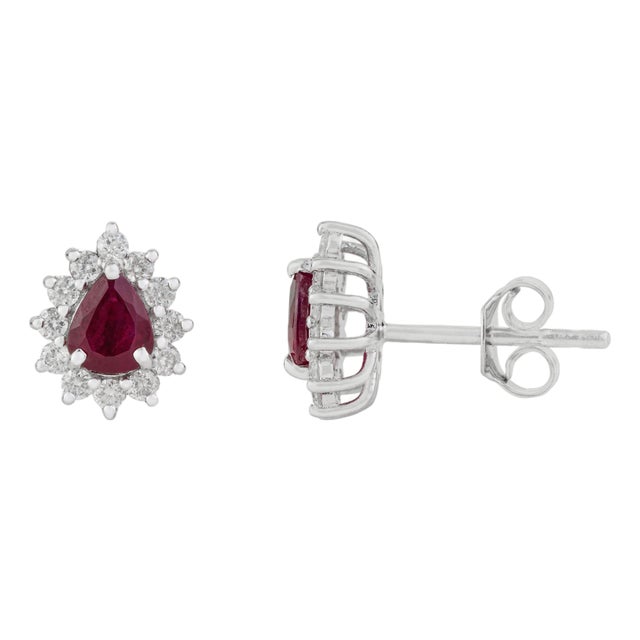 VRJewels 18k Gold Natural Vivid Red Ruby & Diamond Sunburst Stud Earring- A Pair For Sale