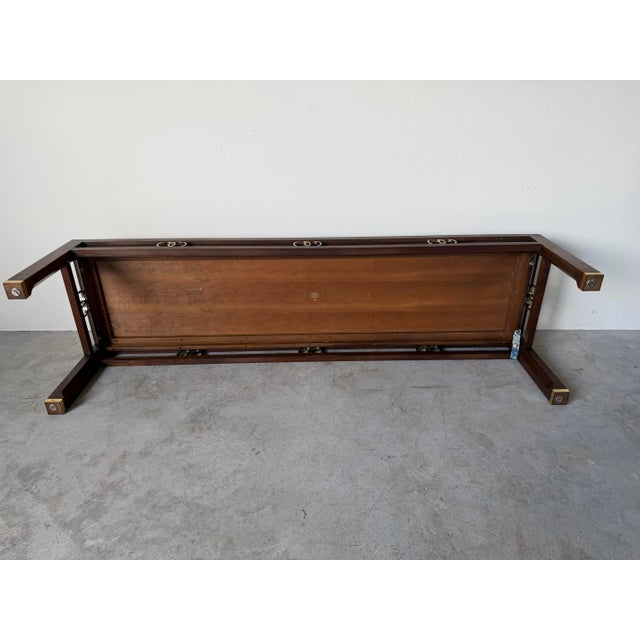Hollywood Regency Michael Taylor for Baker Far East Collection Walnut Bench / Coffee Table With Brass Accents For Sale - Image 11 of 13