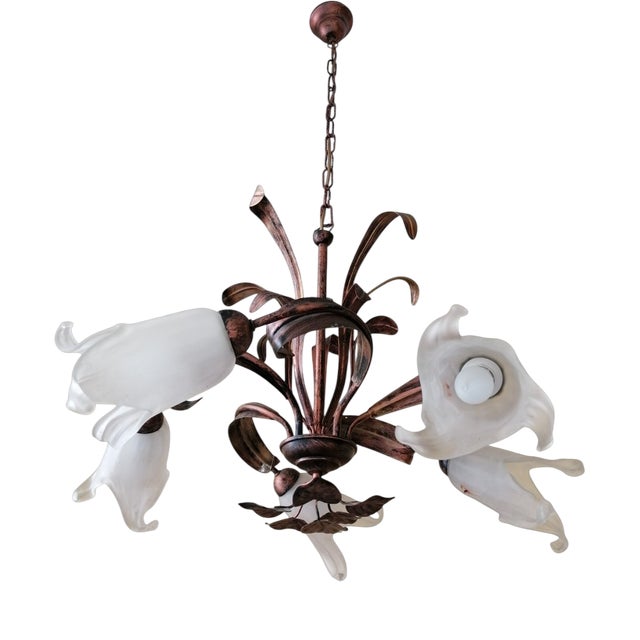 Five-Light Spiral Pendant with Copper-Colored Wrought Iron Leaves and Glass Lily Cups, 1980s For Sale