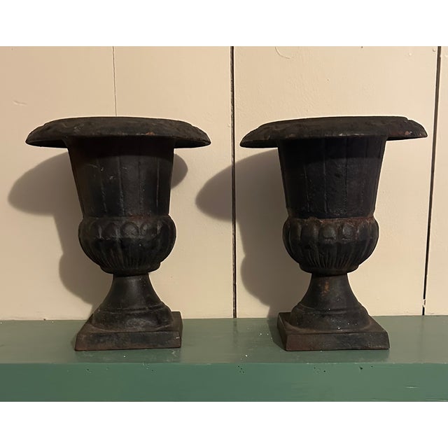 English Vintage Small Cast Iron Tabletop Urns - A Pair For Sale - Image 3 of 10