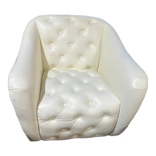 White Tufted Leather Swivel Bucket Chair For Sale