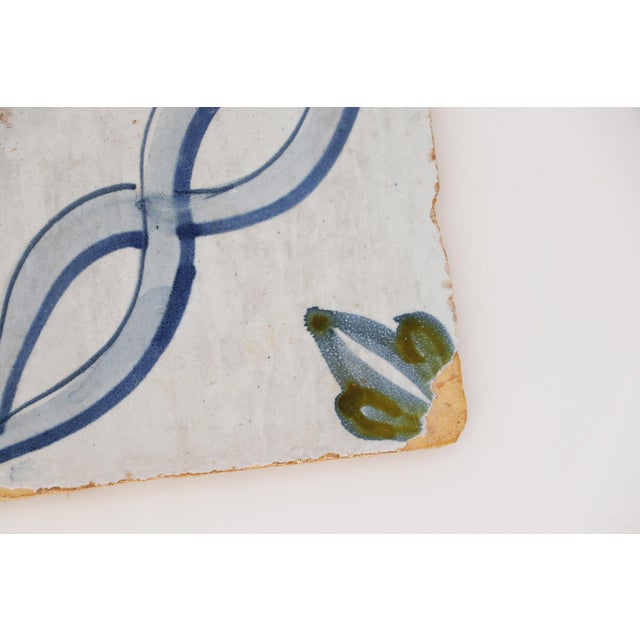 Ceramic 18th Century Antique Portuguese Blue, White, Green and Brown Baroque Tile For Sale - Image 7 of 9