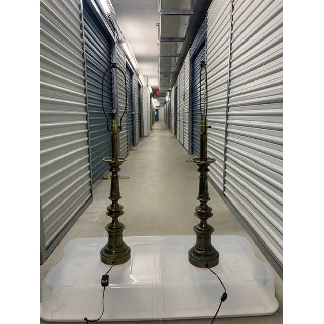 Vintage Stiffel Mid Century Modern Large Brass Candlestick Table Lamps and Shades - a Pair For Sale In Miami - Image 6 of 6