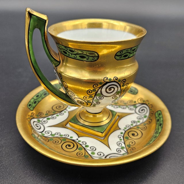 Ceramic Art Deco Porcelain Cup and Saucer by Matthes & Ebel, Mäbensdorf, 1930s, Set of 2 For Sale - Image 7 of 8