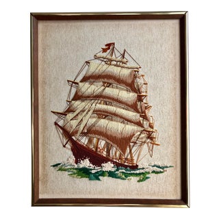 Framed Mid-Century Crewel Embroidery Ship For Sale