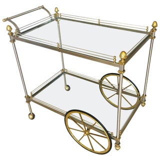 Large Italian Neoclassic Brass and Brushed Steel Bar / Tea Cart For Sale