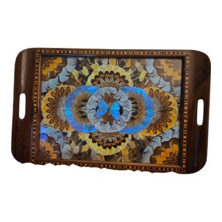 Vintage Brazilian Inlaid Wood Tray With Real Morpho Butterfly Wings For Sale