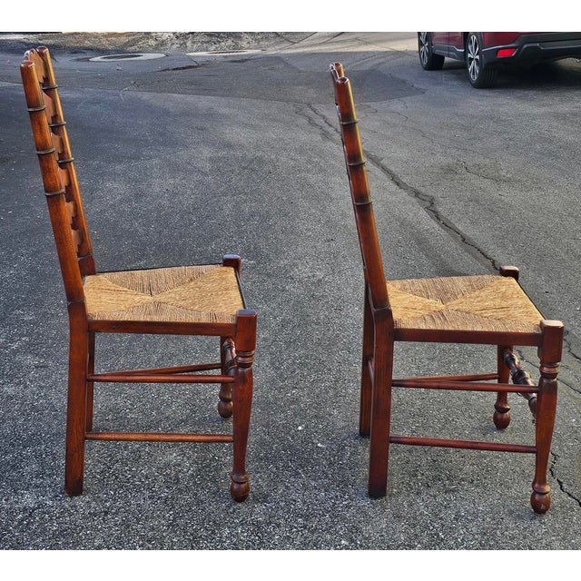 Late 20th Century Set of Six English Oak Faux Bamboo Mahogany Six-Splat Ladder Back Chairs With Rush Seats For Sale - Image 9 of 13