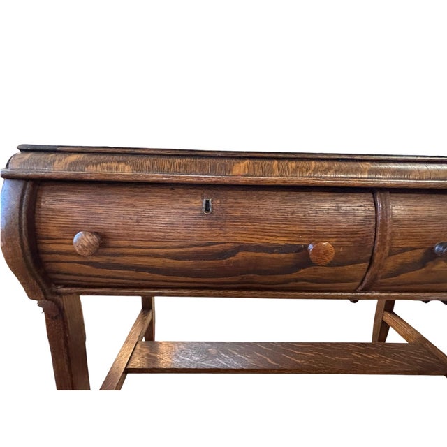 American Early 20th Century Figured Oak Two-Drawer Writing Table With Stretcher Base Circa 1920 For Sale - Image 3 of 12