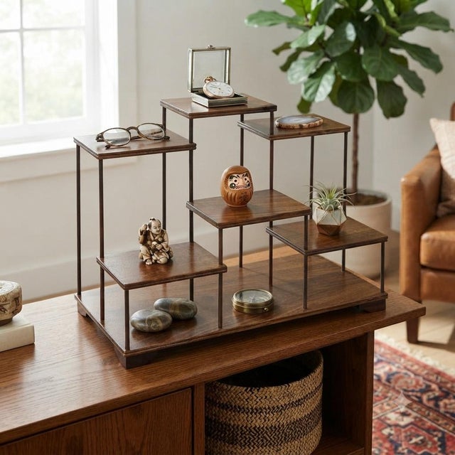 Elevate your cherished collectibles with this exquisite multi-tier wooden tabletop display stand. Featuring a rich brown...